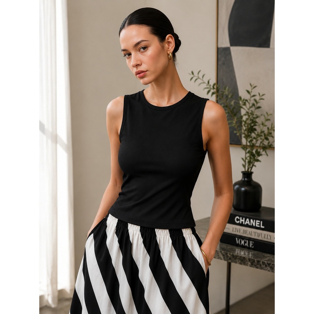 Commense Chic Tie Back Sleeveless Crop Top Black Casual Summer Layering Size M